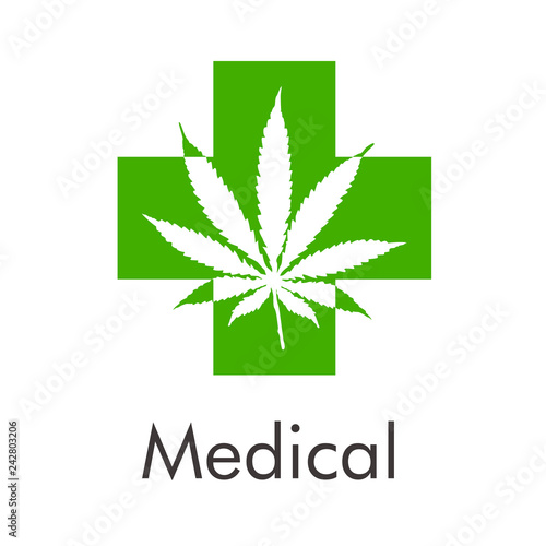 Logotipo abstracto con texto Medical con cruz verde y hoja de marihuana en espacio negativo