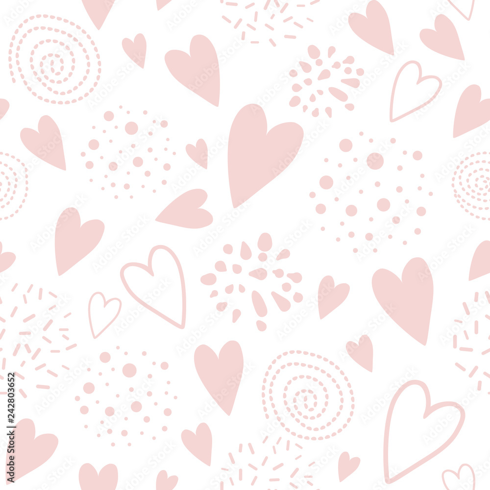 Vector seamless pink pattern heart ornament decorated pink hand drawn background Valentines day print