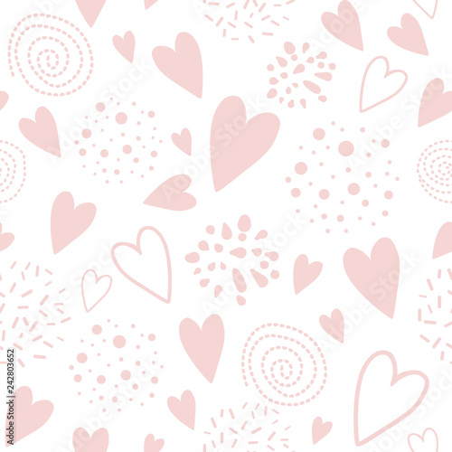 Vector seamless pink pattern heart ornament decorated pink hand drawn background Valentines day print