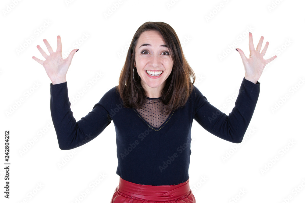 pretty happy woman with arms in the air pretty happy woman with arms in the air