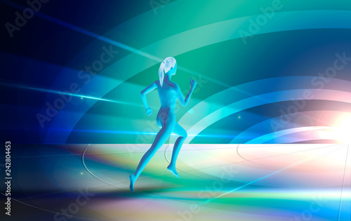 Woman running in colorful background, hi-tech illustration