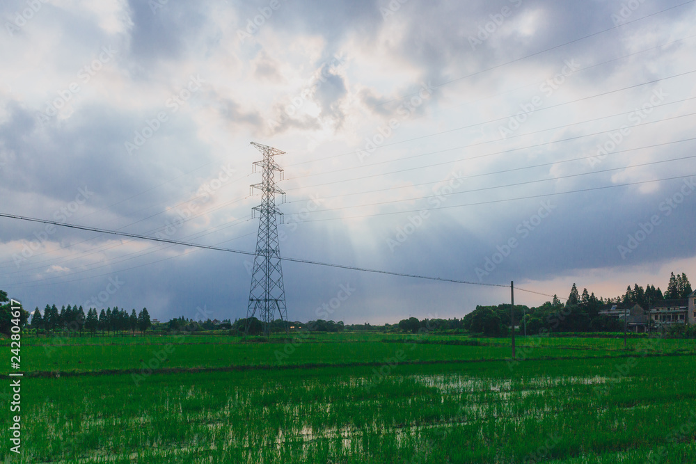 Transmission over fields in the countryside near Jiaxing, China Transmission over fields in the countryside near Jiaxing, China
