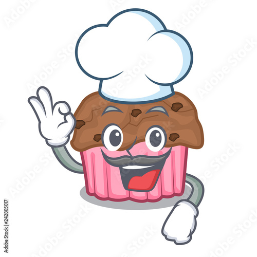 Chef cartoon chocolate muffins ready to eat