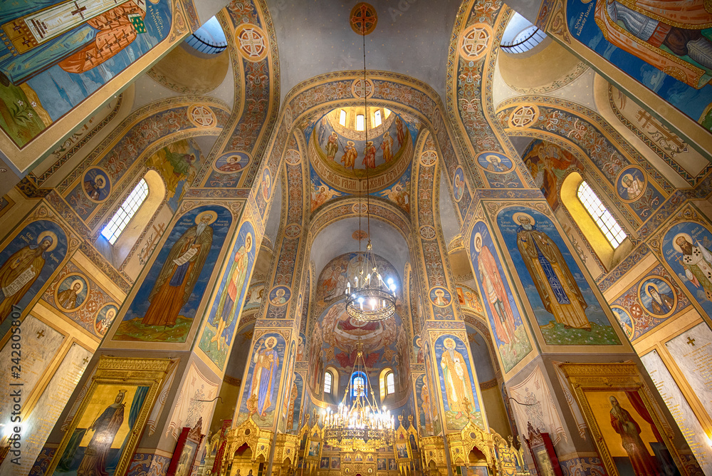 Inside interior of Memorial Temple of the Birth of Christ, Russian Style Church Cathedral ( Monastery Nativity ) near the soviet communist monument Buzludzha in Shipka, Bulgaria