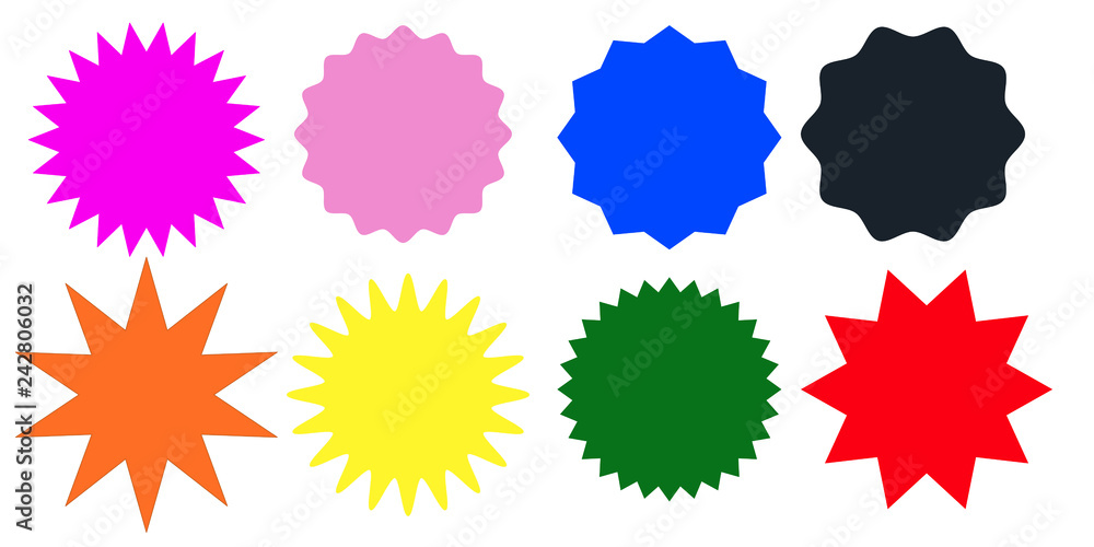 Set of multicolor starburst stamps on white background. Badges and labels various shapes. Vector illustration Set of multicolor starburst stamps on white background. Badges and labels various shapes. Vector illustration