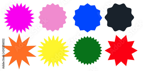 Set of multicolor starburst stamps on white background. Badges and labels various shapes. Vector illustration
