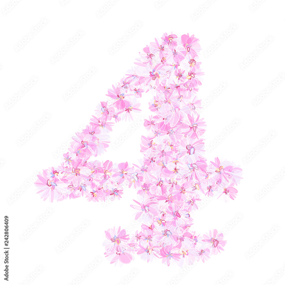 Number four filled with pastel pink flowers. Isolated fine detailed design element for advertising. Number four filled with pastel pink flowers. Isolated fine detailed design element for advertising.
