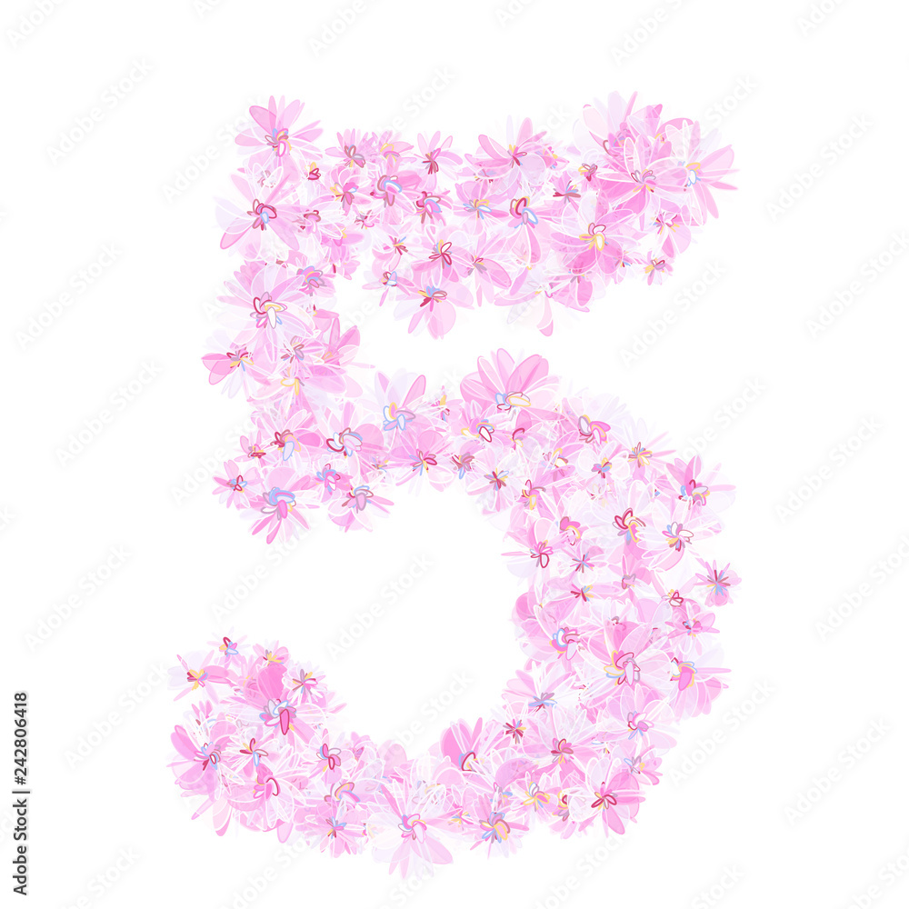 Number five filled with pastel violet flowers. Isolated fine detailed design element for advertising.