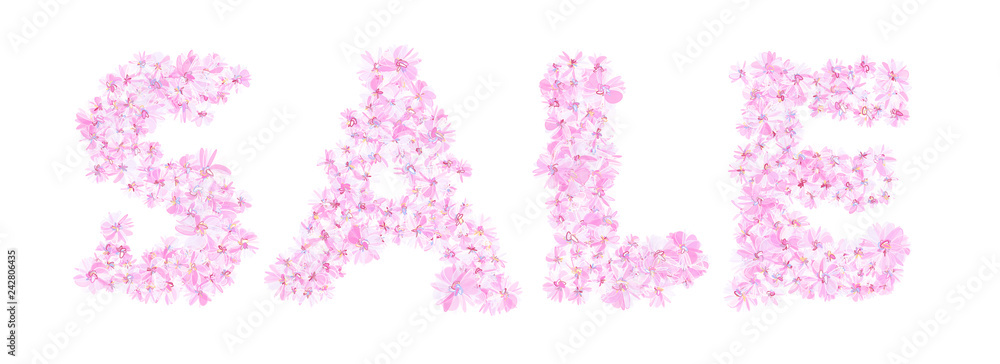 Word SALE filled with gentle pink flowers. Isolated fine detailed design element for advertising. Floral font