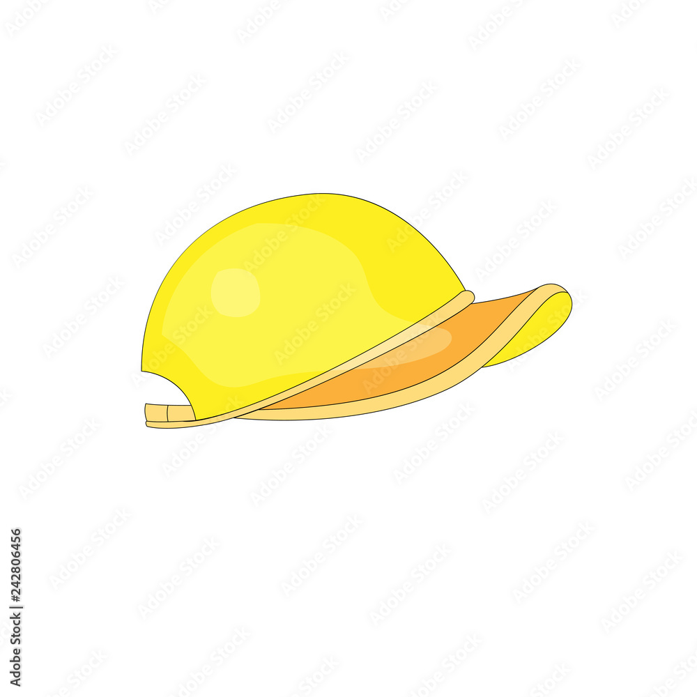 Fototapeta premium Cartoon fun yellow baceball cap icon vector. Yellow funny sport cap. Cute sport hat illustrating yelow color on white backgtound. Yellow cartoon cap icon.