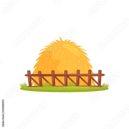 Large pile of dry hay behind wooden fence. Farm theme. Cartoon vector design for children book or mobile game