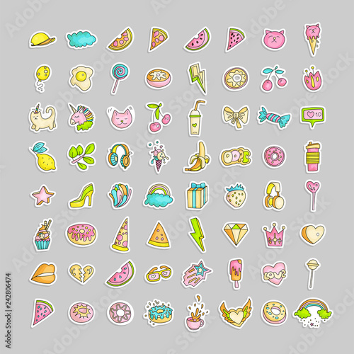 Cute funny Girl teenager colored icon set, fashion cute teen and princess icons - pizza, unicorn, cat, lollypop, fruits and other hand draw line teens icon collection. Magic fun cute girls objects