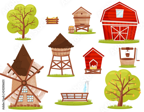 Flat vector set of farm icons. Buildings, constructions and fruit trees. Elements for mobile game or children book