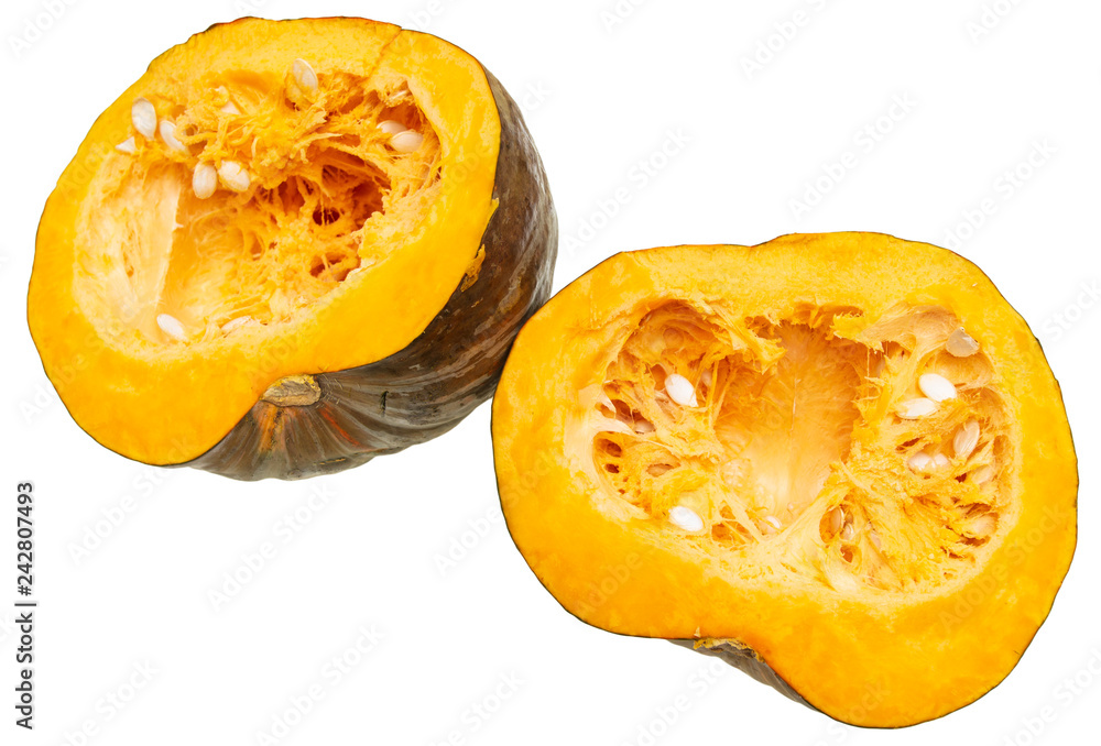 Orange pulp with seeds in a pumpkin on a white background