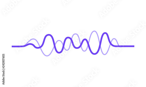 Vector design of music wave. Sound pulse. Audio equalizer. Purple wavy lines. Digital waveform