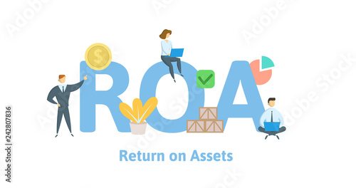 ROA, return on assets. Concept with keywords, letters and icons. Colored flat vector illustration. Isolated on white background.