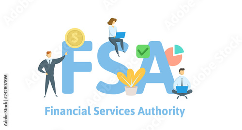 FSA, Financial Services Authority. Concept with keywords, letters and icons. Colored flat vector illustration. Isolated on white background.
