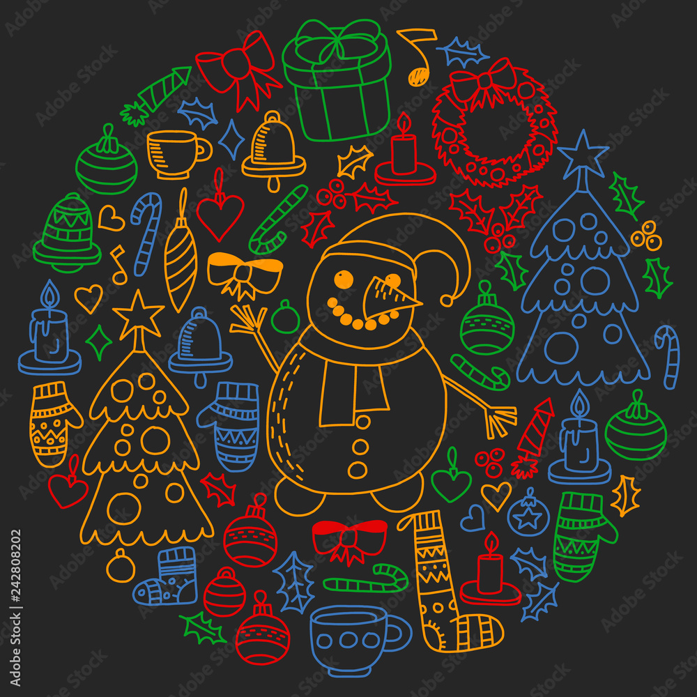 Vector set of Christmas, holiday icons in doodle style. Painted, colorful, pictures on a piece of paper on blackboard. Vector set of Christmas, holiday icons in doodle style. Painted, colorful, pictures on a piece of paper on blackboard.