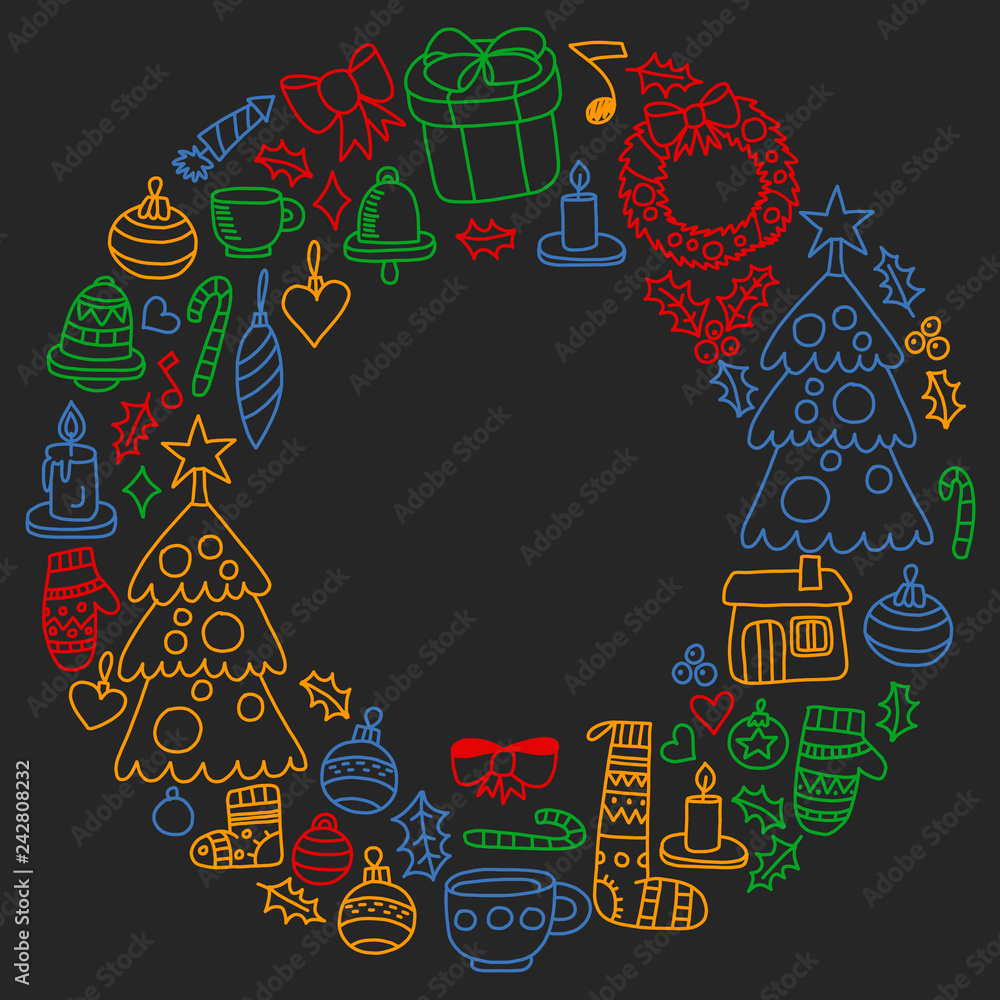 Vector set of Christmas, holiday icons in doodle style. Painted, colorful, pictures on a piece of paper on blackboard.