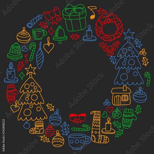 Vector set of Christmas, holiday icons in doodle style. Painted, colorful, pictures on a piece of paper on blackboard.