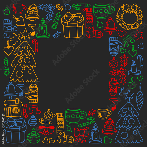 Vector set of Christmas  holiday icons in doodle style. Painted  colorful  pictures on a piece of paper on blackboard.