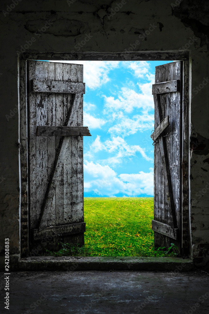 Open Wood Door In Abandoned House Green Sunny Meadow Outside Stock Photo Adobe Stock