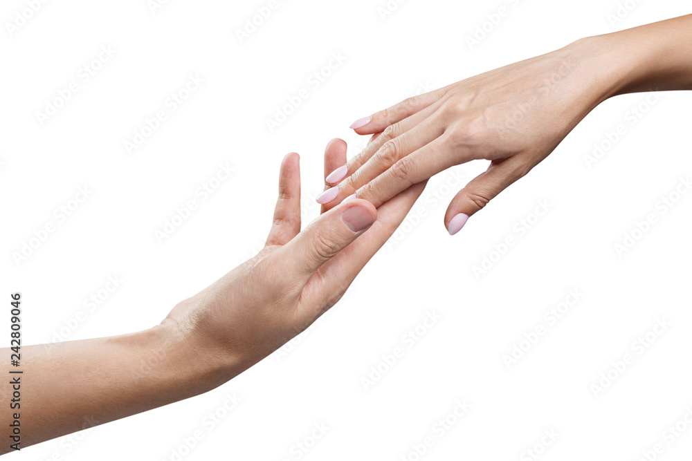 Male and female hands stretching towards each other, isolated on white background