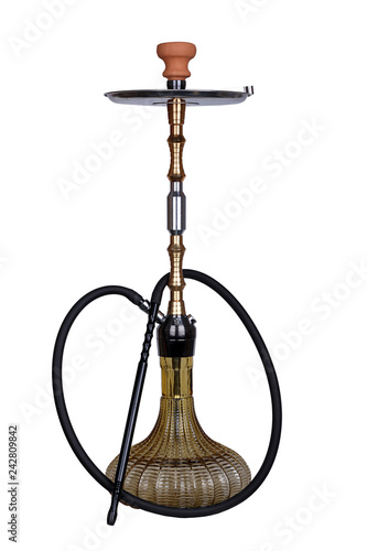 Elegant glass hook with a golden and silver colored body with a black pot and hose