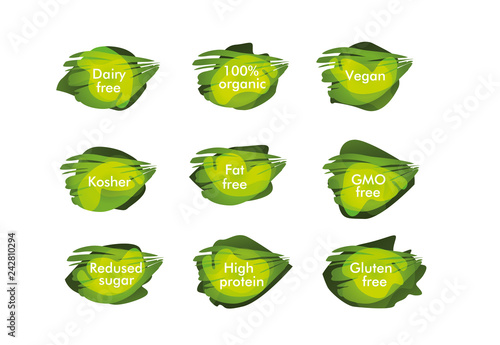 Sign 100% organic,  dairy free, kosher, vegan, GMO free, fat free, redused sugar, high protein, gluten free. Vector illustration.