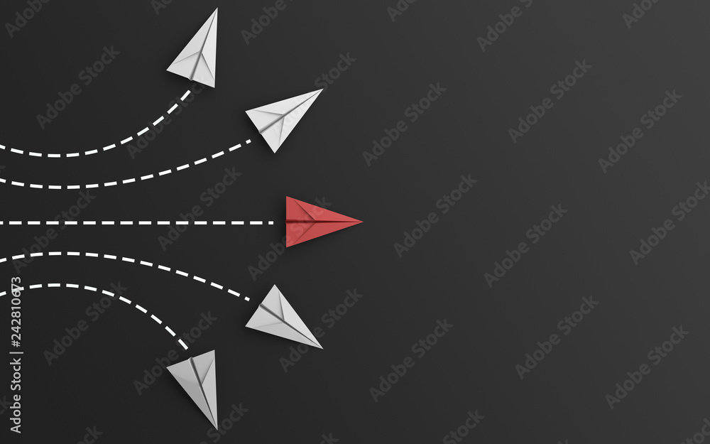 leadership or different concept with red and white paper airplane path and route line on black background. Digital craft in education or travel concept. Mock up design. 3d abstract illustration - obrazy, fototapety, plakaty 