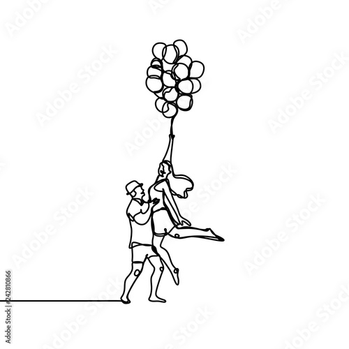 Continuous single drawn single line of happy jumping people couple in love. Vacationers are jumping in the summer vector illustration