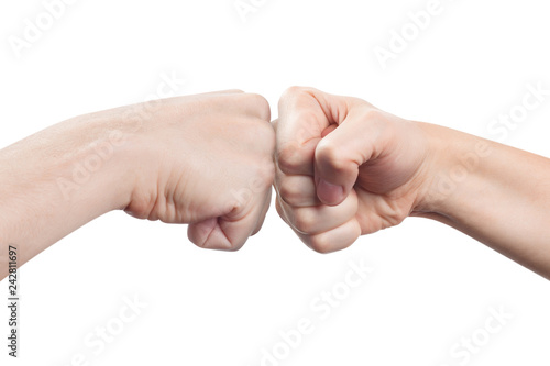 Two fists hitting each other, isolated on white background