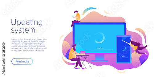 System update or software installation concept in flat vector design. Creative illustration for computer and smartphone upgrade or maintenance. Website landing page layout or webpage template.