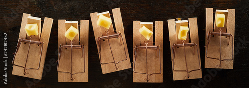 Row of mousetraps with cheese