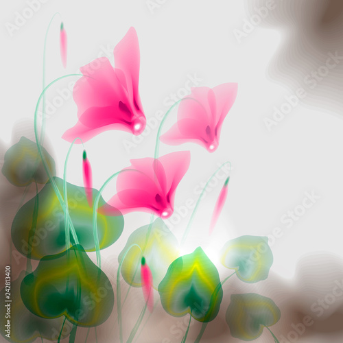 Vector illustration of cyclamen flowers. Cyclamen ink effect. Stylization under the work of Chinese artists. © Aleksandra Chebyshev