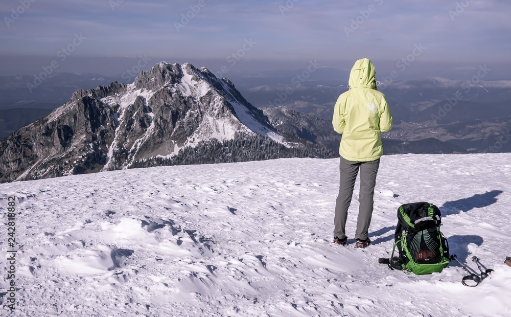 Tourist with backpack and poles looking on winter mountains