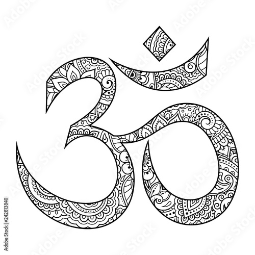 Om or Aum Indian sacred sound. The symbol of the divine triad of Brahma, Vishnu and Shiva. The sign of the ancient mantra in mehndi flower style.