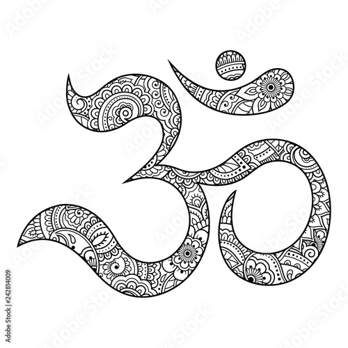 Om or Aum Indian sacred sound. The symbol of the divine triad of Brahma, Vishnu and Shiva. The sign of the ancient mantra in mehndi flower style.