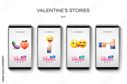 Valentine's day stories template. Streaming. Creative universal Editable set in trendy style with emoji smiley faces, icons, vector illustration.