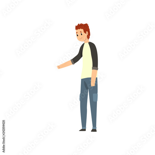 Youg man standing, male pet owner giving treat vector Illustration