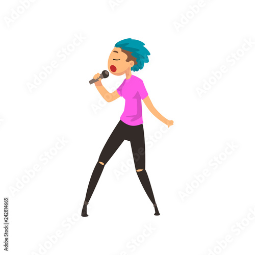Singer girl singing with microphone, young man performing on stage vector Illustration