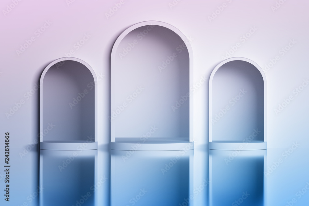 Three white arched niches in the wall over the shiny reflective surface. Image with blue pink tint. 3d illustration. Three white arched niches in the wall over the shiny reflective surface. Image with blue pink tint. 3d illustration.