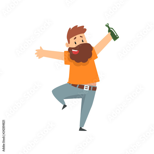 Drunk bearded man with bottle of alcohol drink in his hand, funny guy character drinking alcohol vector Illustration