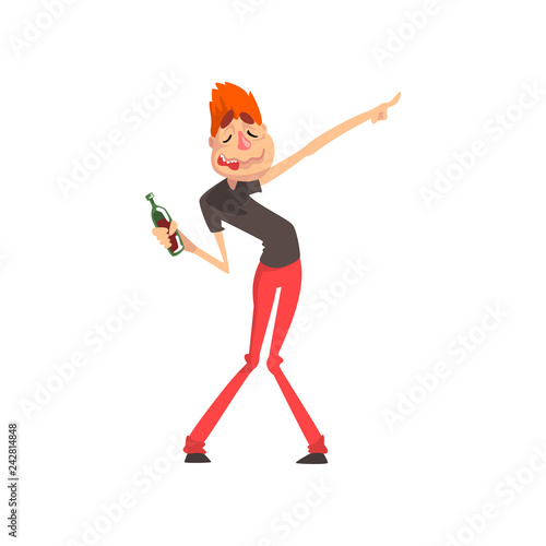 Drunk man with bottle of alcohol drink in his hand, funny guy character drinking alcohol vector Illustration