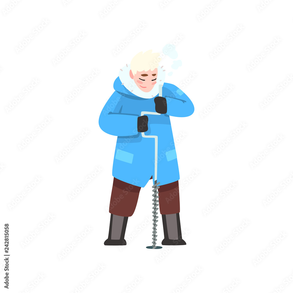Man in winter clothes with ice drill, outdoor leisure, extremal ice winter fishing vector Illustration Man in winter clothes with ice drill, outdoor leisure, extremal ice winter fishing vector Illustration