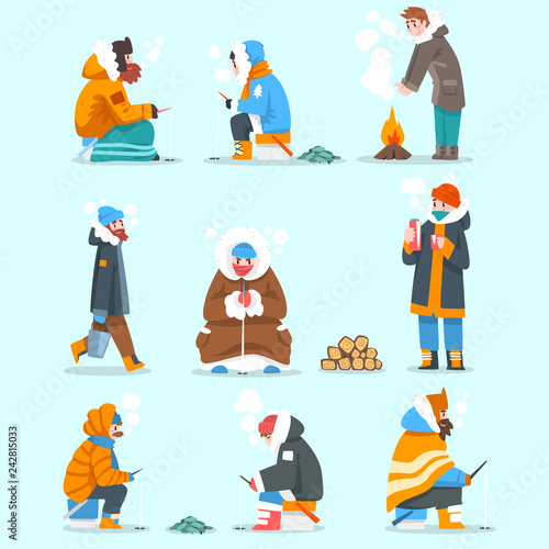 Warmly dressed men fishing in a frozen river or lake set, extremal ice winter fishing, outdoor activity vector Illustration © topvectors