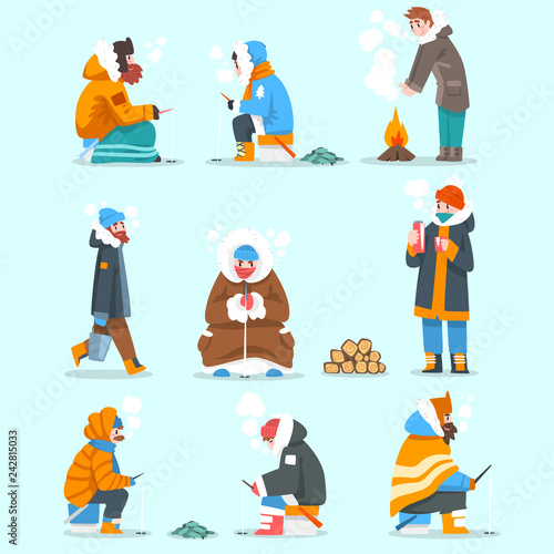 Warmly dressed men fishing in a frozen river or lake set, extremal ice winter fishing, outdoor activity vector Illustration