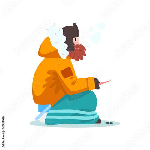 Warmly dressed man fishing in a frozen river with fishing rod, extremal ice winter fishing vector Illustration on a white background