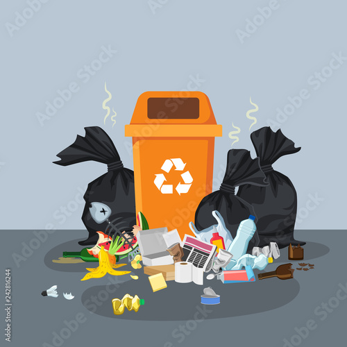 Garbage dump with rubbish bin for recycling. Different types of waste. Trash laying on the street. Environmental conservation vector infographics