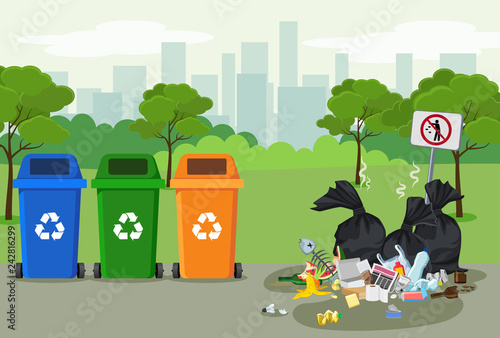 Garbage dump in park with rubbish bin for recycling near it. Different types of waste. Trash laying on the street in town. Environmental conservation vector infographics
